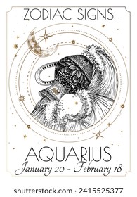 Vector illustration of zodiac signs. Aquarius in white and gold colors in engraving style