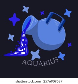 Vector illustration of zodiac signs. Aquarius sign. Water flowing from a tilted jug. Dark background, geometric elements around the jug. Zodiac, aquarius, sign, horoscope.