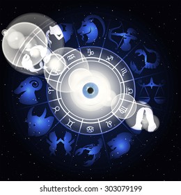 vector illustration of zodiac signs in the area around the eyes with a clarification, drawings and symbols correspond to the name on the sign of the horoscope.