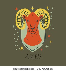 Ilustración vectorial de los signos de zodiaco. Señal de Aries. Título latino debajo de la ilustración: "Aries". Signo colorido, zodiaco, ario, astrología. horóscopo, personaje, signo, animal, cuernos