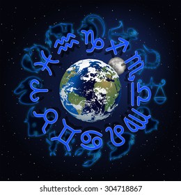 Vector illustration of zodiac signs around the planet Earth and the Moon. Signs are located above the blurred image zodiacs, with shadows.