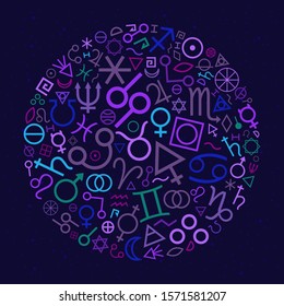 vector illustration of zodiac signs and astrology symbols in circle shape design for horoscopes round emblem