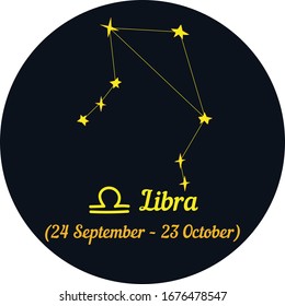 vector illustration, zodiac signs in a blue circle, constellation and date - Libra