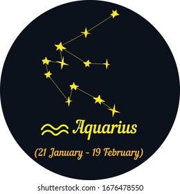 vector illustration, zodiac signs in a blue circle, constellation and date - Aquarius