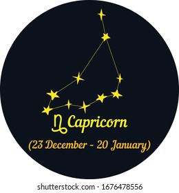 vector illustration, zodiac signs in a blue circle, constellation and date - Capricorn