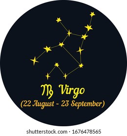 vector illustration, zodiac signs in a blue circle, constellation and date - Virgo