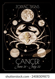 Vector illustration of zodiac signs. Cancer in black and gold colors in engraving style