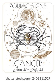 Vector illustration of zodiac signs. Cancer in white and gold colors in engraving style