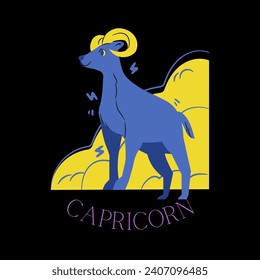 Ilustración vectorial de los signos de zodiaco. Señal de Capricornio. Título latino debajo de la ilustración: "Capricornio". Signo de zodiaco colorido, capricornio, astrología. horóscopo, personaje, signo, animal, cuernos