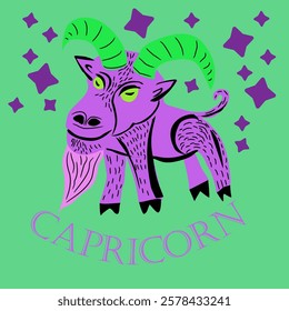 Vector illustration of zodiac signs. Capricorn sign. A capricorn with large curved horns and a chin. Hand drawing, capricorn, date, zodiac.