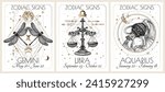 Vector illustration of zodiac signs card. Air signs: Gemini, Libra and Aquarius. Gold on a white background in engraving style