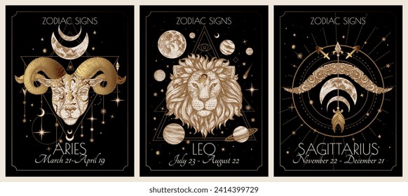 Vector illustration of zodiac signs card. Signs of the element of fire. Aries, Leo, Sagittarius. Gold on a black background in engraving style