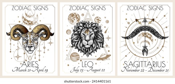 Vector illustration of zodiac signs card. Signs of the element of fire. Aries, Leo, Sagittarius. Gold on a white background in engraving style