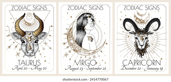 Ilustración vectorial de la tarjeta de signos de zodiaco. Señales de la Tierra: Tauro, Virgo y Capricornio. Oro sobre fondo blanco en estilo de grabado	