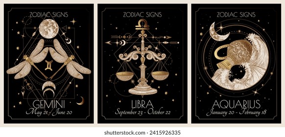 Ilustración vectorial de la tarjeta de signos de zodiaco. Señales de aire: Gemini, Libra y Aquarius. Oro sobre fondo negro en estilo de grabado	