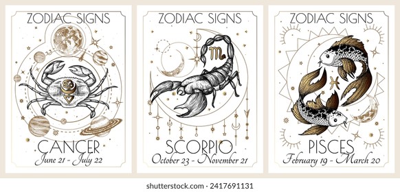 Ilustración vectorial de la tarjeta de signos de zodiaco. Señales de agua: Cáncer, Escorpio y Pisces. Oro sobre fondo blanco en estilo de grabado	