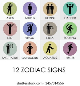 vector illustration of zodiac signs characters on circle shape geometrical background with English names 