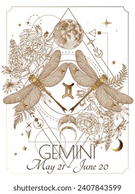 Vector illustration of zodiac signs in flowers. Gemini dragonflies in white and gold colors in engraving style