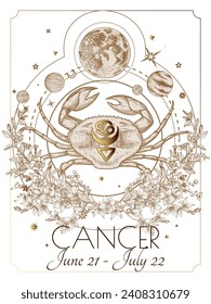  Vector illustration of zodiac signs in flowers. Cancer in white and gold colors in engraving style