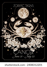  Vector illustration of zodiac signs in flowers. Cancer in black and gold colors in engraving style