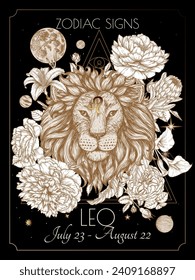 Vector illustration of zodiac signs in flowers. Leo in black and gold colors in engraving style	