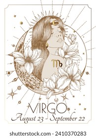 Vector illustration of zodiac signs in flowers. Virgo in white and gold colors in engraving style