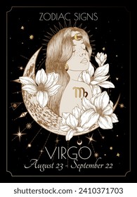 Vector illustration of zodiac signs in flowers. Virgo in black and gold colors in engraving style	