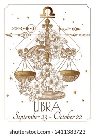 Vector illustration of zodiac signs in flowers. Libra in white and gold colors in engraving style	