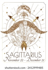 Vector illustration of zodiac signs in flowers. Sagittarius in white and gold colors in engraving style	