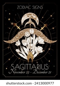  Vector illustration of zodiac signs in flowers. Sagittarius in black and gold colors in engraving style