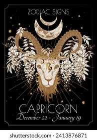 Vector illustration of zodiac signs in flowers. Capricorn in black and gold colors in engraving style