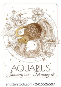 Vector illustration of zodiac signs in flowers. Aquarius in white and gold colors in engraving style