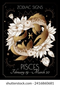 Vector illustration of zodiac signs in flowers. Pisces in black and gold colors in engraving style