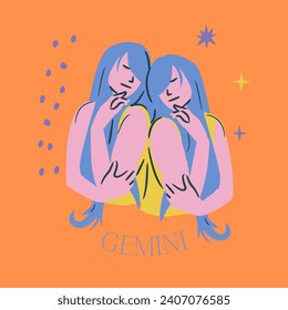 Ilustración vectorial de los signos de zodiaco. Señal de Gemini. Título latino debajo de la ilustración: "Gemini." Signo colorido, zodiaco, Gemini, astrología. horóscopo, personaje, signo.