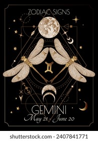 Vektorgrafik von Tierkreiszeichen. Gemini-Libellen in Schwarz- und Goldfarben im Stilstil