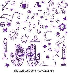 Vector illustration with zodiac signs. Hand drawn horoscope astrology and alchemy symbols