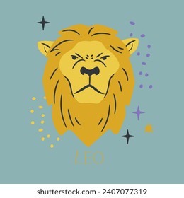 Vector illustration of zodiac signs. Leo sign. Latin title below illustration: "Leo." Colorful, zodiac sign, Leo, animal, lion, astrology. horoscope, character, sign.