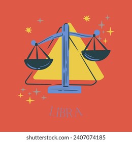 Ilustración vectorial de los signos de zodiaco. Cartel de Libra. Título latino debajo de la ilustración: "Libra". Signo de zodiaco colorido, Libra.