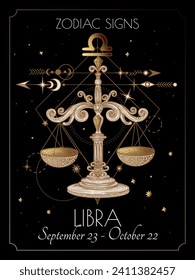 Ilustración vectorial de los signos de zodiaco. Libra con colores negro y dorado en estilo de grabado