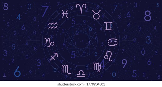 vector illustration of zodiac signs and numerology symbols for horoscopes round emblem