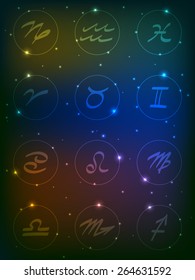 Vector illustration of zodiac signs on the background of the universe and the stars