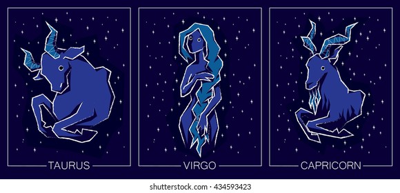 Vector illustration of Zodiac Signs on Night Starry Sky Background. Zodiac Earth Signs: Taurus, Virgo, Capricorn.
