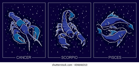 Vector illustration of Zodiac Signs on Night Starry Sky Background. Zodiac Water Signs: Cancer, Scorpio, Pisces.