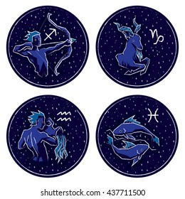 Vector illustration of Zodiac Signs on Night Starry Sky Background. Set of Zodiac Signs: Sagittarius, Capricorn, Aquarius, Pisces.