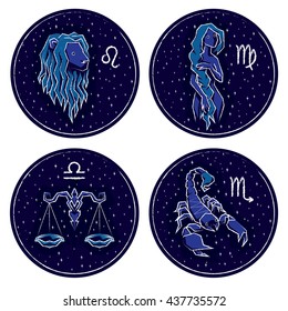 Vector illustration of Zodiac Signs on Night Starry Sky Background. Set of Zodiac Signs: Leo, Virgo, Libra, Scorpio.
