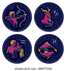 Vector illustration of Zodiac Signs on Night Starry Sky Background. Set of Zodiac Signs: Sagittarius, Capricorn, Aquarius, Pisces.