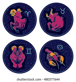 Vector illustration of Zodiac Signs on Night Starry Sky Background. Set of Zodiac Signs: Aries, Taurus, Gemini, Cancer.