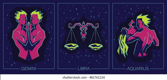 Vector illustration of Zodiac Signs on Night Starry Sky Background. Zodiac Air Signs: Gemini, Libra, Aquarius.