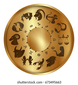 Vector illustration of zodiac signs on a gold disk in the center of the star the sun, isolated object