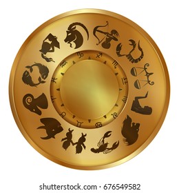 Vector illustration of zodiac signs on a gold disk in the center of the star the sun, isolated object